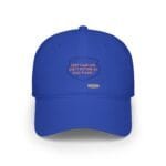 Blue cap close-up showing an orange slogan inside a shield: "KEEP CALM AND DON'T DISTURB MY HEAD PLEASE!"