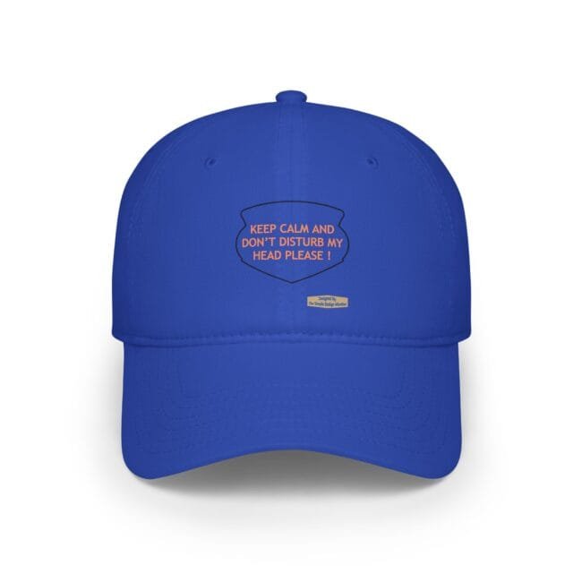 Blue cap close-up showing an orange slogan inside a shield: "KEEP CALM AND DON'T DISTURB MY HEAD PLEASE!"