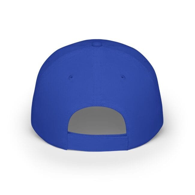 Close-up of a blue baseball cap viewed from below, showing the curved brim and gray inner interior opening.