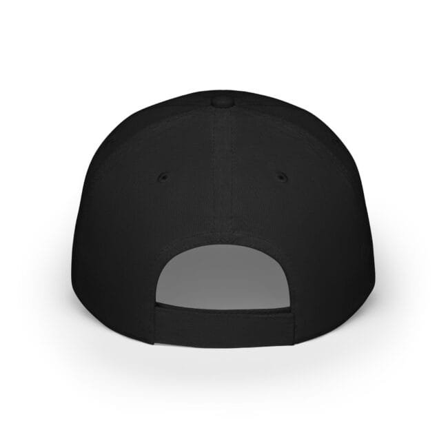 Top-down view of a black baseball cap with visible crown panels and back opening against a white background, conveying the hat's structure.