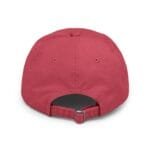 Red baseball cap viewed from the back, showing an adjustable strap and metal buckle.