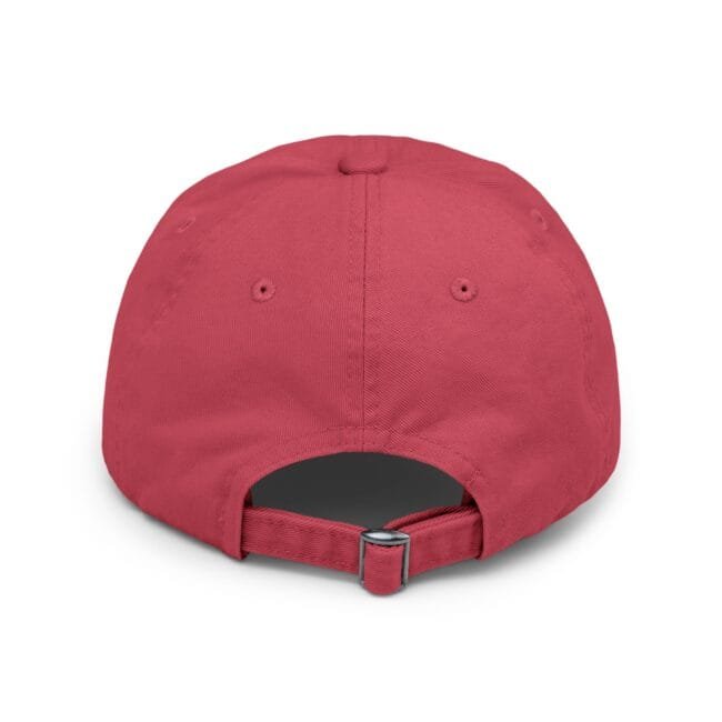 Red baseball cap viewed from the back, showing an adjustable strap and metal buckle.