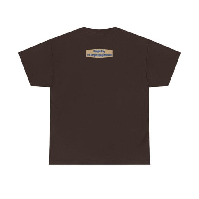 Back view of a dark brown T-shirt with a small beige label centered near the neckline that reads 'Designed By The Simple Design Mindset'.