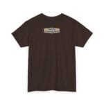 Back view of a dark brown T-shirt with a small beige label on the upper back that reads: 'Designed By The Simple Design MindSet'