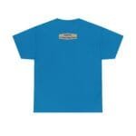 Blue T-shirt shown from the back with a small beige label near the neckline that reads 'Designed By The Simple Design MindSet'