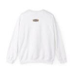 Back view of a white crewneck sweatshirt with a small beige label on the upper back reading 'Design By The Simple Mindset'