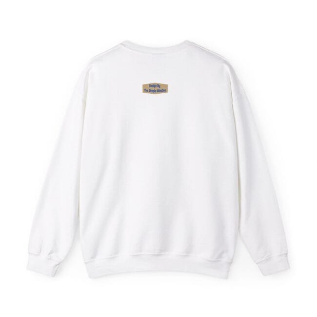Back view of a white crewneck sweatshirt with a small beige label on the upper back reading 'Design By The Simple Mindset'