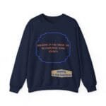 Navy sweatshirt with an orange slogan inside a blue decorative frame and a beige designer label reading 'Designed By The Simple Design MindSet'