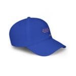 Blue baseball cap angled to show front panel with an orange patch reading 'KEEP CALM AND DON'T DISTURB MY HEAD PLEASE'