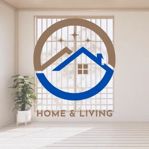HOME_LIVING_Logo Logo of Home & Living featuring a brown circle and blue roof forming a house with a small window, text 'HOME & LIVING' underneath on a light wall.