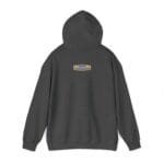 Back view of a dark gray hoodie with a small beige brand patch centered on the upper back that reads 'Designed By The Simple Design Mindset'