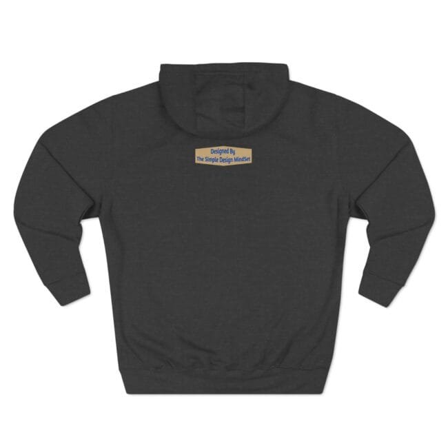 Black hoodie with a small beige back-neck label displaying blue text.