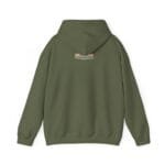 Back view of an olive green hoodie with a small beige label on the upper back.