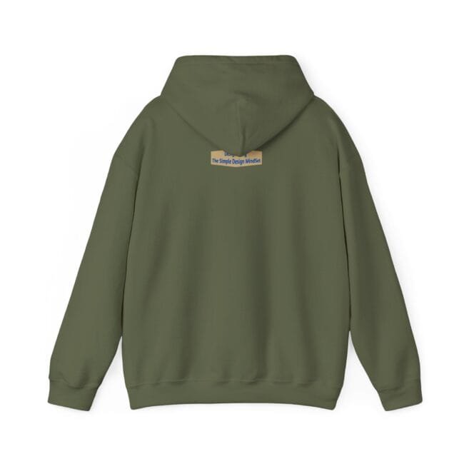 Back view of an olive green hoodie with a small beige label on the upper back.