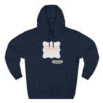 Navy hoodie with a white scalloped badge on the chest containing orange text and a small beige designer tag below it.