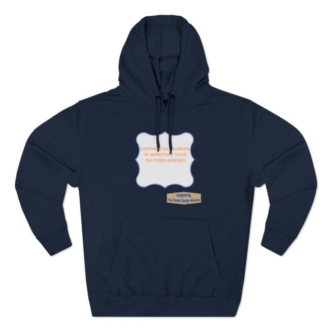 Navy hoodie with a white scalloped badge on the chest containing orange text and a small beige designer tag below it.