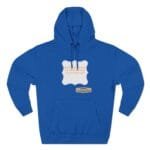 Blue hoodie with drawstrings featuring a white scalloped badge on the chest; orange text reads about continual learning improving culture's mindset, plus a small beige label underneath.