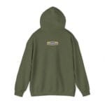 Olive green hoodie viewed from back with a small beige label on the upper back reading 'Designed By The Simple Design Mindset' in blue.