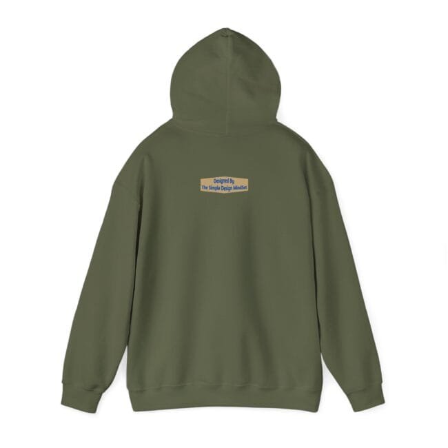Olive green hoodie viewed from back with a small beige label on the upper back reading 'Designed By The Simple Design Mindset' in blue.