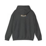 Dark heather gray hoodie viewed from the back with a small beige label on the upper back reading 'The Simple Design Mindset'