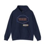 Navy hoodie with a purple decorative badge on the chest containing the orange slogan: 'FOCUS ON WHAT YOU ARE DOING'.