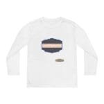 White long-sleeve shirt with a blue-edged dark badge on the chest, featuring an orange slogan: 'BREATHE IN THE FRESH AIR TO EMPOWER YOUR ENERGY', plus a small beige designer tag beneath.