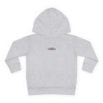 Back view of light gray hooded sweatshirt with a small rectangular label on the upper back.