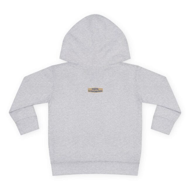Back view of light gray hooded sweatshirt with a small rectangular label on the upper back.