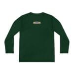Dark green long-sleeve shirt viewed from the back with a small beige brand label centered high on the back reading 'Designed By The Simple Design Mindset'