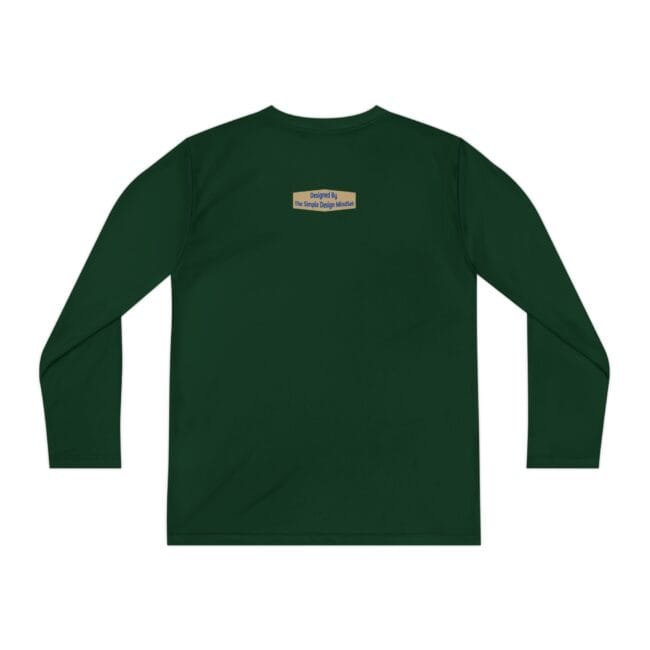 Dark green long-sleeve shirt viewed from the back with a small beige brand label centered high on the back reading 'Designed By The Simple Design Mindset'