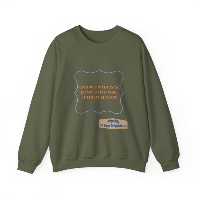Olive green sweatshirt with an orange quote, 'Continuous learning is improving your cultures mindset', inside a blue decorative frame; small beige designer label at the bottom right.