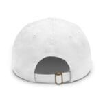 White baseball cap viewed from the back, showing an adjustable strap with a bronze buckle