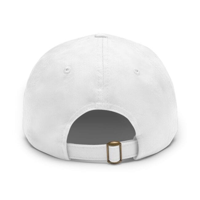 White baseball cap viewed from the back, showing an adjustable strap with a bronze buckle