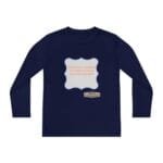 Navy long-sleeve shirt with a pale blue decorative frame on the chest, containing orange text about continuous learning and a small designer label below.