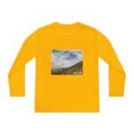 Yellow long-sleeve T-shirt with a small landscape image on the chest reading 'Keep calm and increase your concentration'