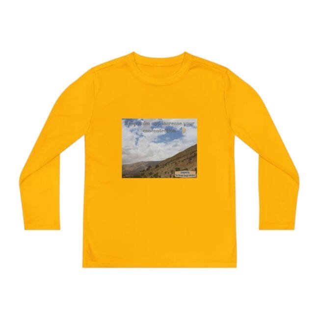 Yellow long-sleeve T-shirt with a small landscape image on the chest reading 'Keep calm and increase your concentration'