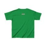 Back view of a green short-sleeve T-shirt with a small rectangular label at the upper center of the back