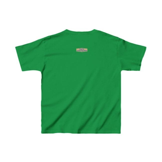 Back view of a green short-sleeve T-shirt with a small rectangular label at the upper center of the back