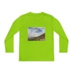 Lime green long-sleeve shirt with a small landscape photo on the chest and the slogan 'Keep calm and increase your concentration' on top.