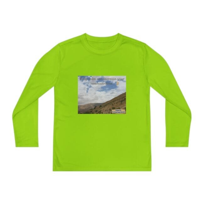 Lime green long-sleeve shirt with a small landscape photo on the chest and the slogan 'Keep calm and increase your concentration' on top.