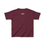 Maroon short-sleeve T-shirt viewed from the back with a small rectangular label at the upper back center near the neckline.
