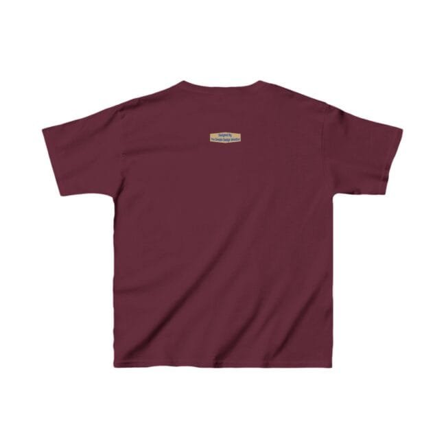 Maroon short-sleeve T-shirt viewed from the back with a small rectangular label at the upper back center near the neckline.