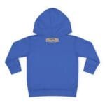 Blue hoodie viewed from the back with a small tan label near the neck reading: Designed By The Simple Design MindSet.