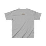 Back view of a light gray short-sleeve T-shirt with a small rectangular label centered near the upper back.