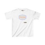 White T-shirt featuring a centered blue shield badge with an orange slogan about breathing fresh air to empower energy.