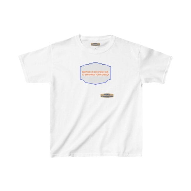 White T-shirt featuring a centered blue shield badge with an orange slogan about breathing fresh air to empower energy.