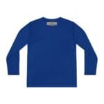 Back view of a royal blue long-sleeve shirt with a small beige label at the neckline