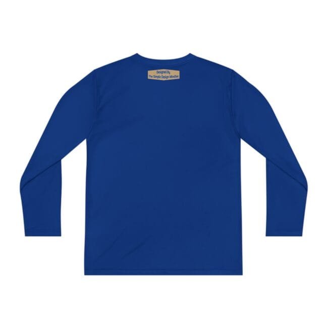 Back view of a royal blue long-sleeve shirt with a small beige label at the neckline