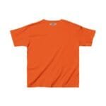 Bright orange short-sleeve T-shirt laid flat, back view showing a small tag at the neck.