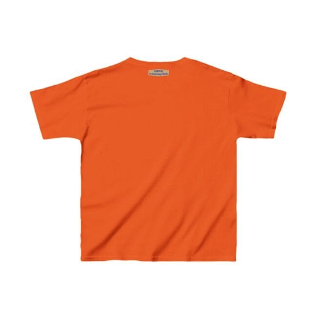Bright orange short-sleeve T-shirt laid flat, back view showing a small tag at the neck.